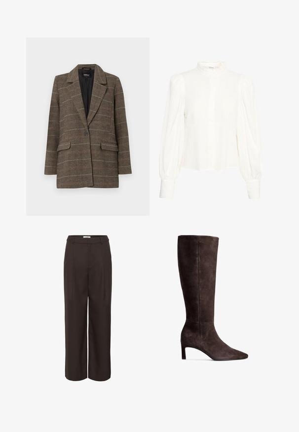 Blazer marrón de espiga con solapa muesca, cierre de un botón, dos bolsillos frontales y un forro interior negro. Accentos de un sutil patrón a cuadros.; Blusa blanca de manga larga con una tela texturizada y arrugada. Presenta un cuello alto con volantes y cierre de botones. Mangas anchas y abullonadas con muñecas con puños.; Pantalones de pierna ancha marrones hechos de una tela suave. Presenta una cintura alta, pliegues frontales y bolsillos laterales para mayor funcionalidad.; Bota de ante marrón hasta la rodilla con punta afilada y tacón de 7,5 cm. Textura suave, silueta elegante y diseño minimalista.