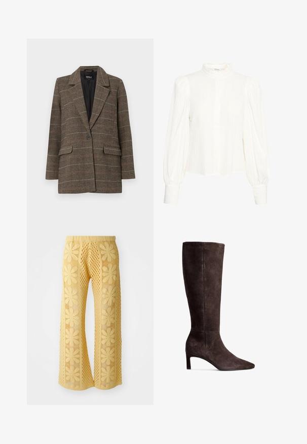 Bruine herringbone blazer met een notch-lapel, enkele knoopsluiting, twee voorzakken en een zwarte binnenvoering. Subtiele ruitpatroonaccenten.; Witte blouse met lange mouwen van een textuurrijke, gekreukte stof. Beschikt over een hoge, gerimpelde kraag en een knoopsluiting. Brede, opgeblazen mouwen en manchetten.; Gele gehaakte broek met een bloemmotief, wijd-uitlopende pijpen en een elastische tailleband met een gestructureerd open breisel.; Bruine suede kniehoge laars met een puntige neus en een hak van 7,5 cm. Glad textuur, slanke silhuet en minimalistisch ontwerp.