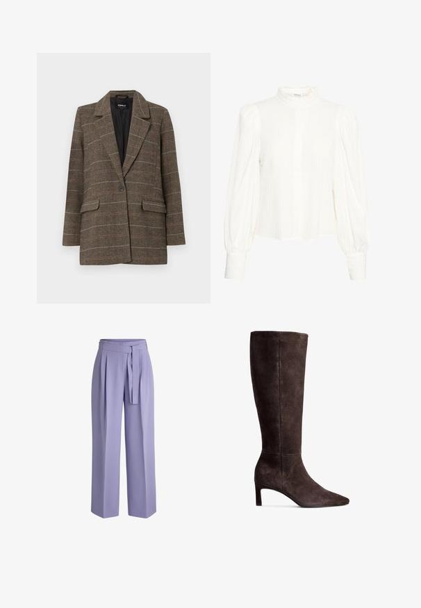 Brūns ziedu raksta bleizers ar izliekto atlokiem, vienu pogu aizdari, divām priekšējām kabatām un melnu iekšējo oderi. Svarīgi krāsu raksti akcenti.; Balta garām piedurknēm blūze ar teksturētu, krunkotu audumu. Ir augsts, frillēts apkakle un pogu aizdare. Platīras piedurknes un aproces.; Gaišpurpura plaša bikšu bikses, izgatavotas no gluda auduma. Ar augsto jostu un atbilstošu jostu, kā arī mīkstām priekšējām krokām papildu detaļām.; Brūni zamšaini zābaki līdz ceļiem ar smailu purngalu un 7,5 cm papēdi. Gluda tekstūra, eleganta silueta un minimālisma dizains.