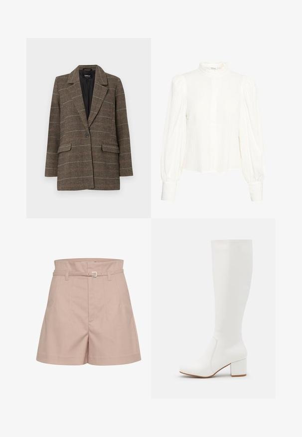 Smeđi sako u riblju kost s reverima, jednim dugmetom, dva prednja džepa i crnom unutrašnjošću. Suptilan uzorak kockica.; Bijela bluzica dugih rukava s teksturiranim, naboranim materijalom. Ima visoki, naboraani ovratnik i zatvaranje na dugmad. Široke puf rukave i zapešća s manžetama.; Svijetlo ružičaste krojene kratke hlače od teksturirane tkanine, s širokim pojasom, petljama za pojas i detaljem od srebrne kopče.; Bijele čizme do koljena s glatkom, sjajnom završnom obradom. Kvadratni blok peta i suptilni šavovi duž strane.