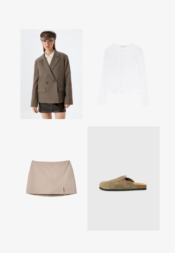 Brązowa marynarka w kratę z podwójnym zapięciem, klapami, dwoma przednimi kieszeniami i kontrastującymi ciemnymi guzikami, zestawiona z czarną skórzaną spódnicą.; Biała bluzka z długim rękawem i okrągłym dekoltem. Posiada dopasowany krój, gładką fakturę materiału oraz lekko skróconą długość.; Beżowa, dopasowana spódnica z teksturowanej tkaniny, z delikatnym bocznym rozcięciem. Prosty design nie zawiera dodatkowych akcesoriów ani wzorów.; Zamszowy klapek w stylu chodaka w oliwkowej zieleni z wąskim paskiem i metalową klamrą. Posiada korkową wkładkę i czarną gumową podeszwę.