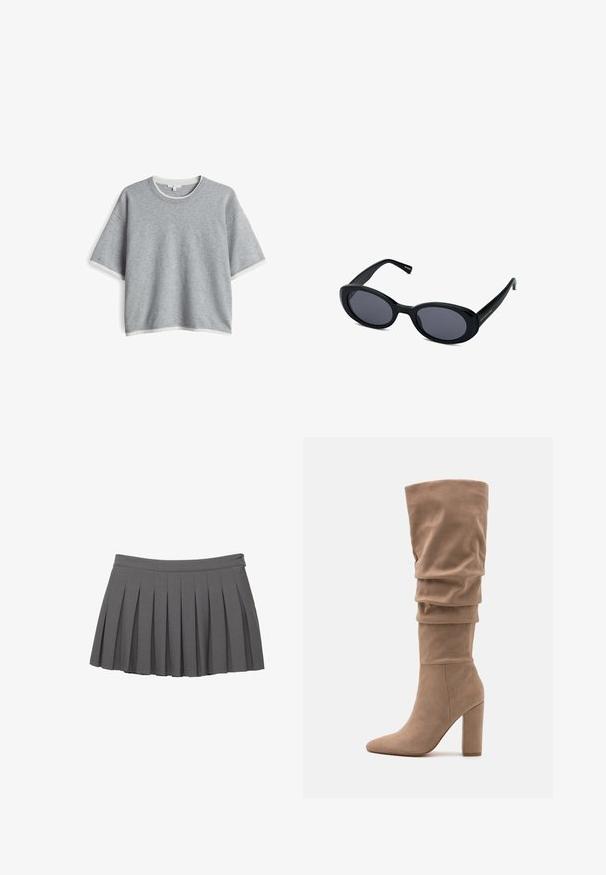 Blazer a quadri marroni con design doppiopetto, rever a scollo, due tasche frontali e bottoni scuri a contrasto, abbinato a una gonna in pelle nera.; OPUS BOXY FIT LAYERING LOOK - Maglione - hazy fog melange; Gonna mini plissettata grigia con cintura a bottoni e una piccola decorazione con il logo sul lato destro.; Anna Field Stivali alti - beige; Occhiali da sole ovali neri con lenti scure, montatura in plastica spessa, design leggermente curvo e dettaglio del logo dorato sulla tempia.