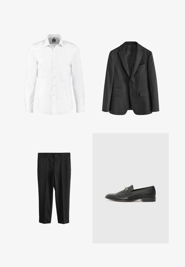 Antracitový blazer vyrobený z texturované látky, s výstřihem do V, dvěma předními kapsami a zapínáním na jeden knoflík. Interiér má vzorovanou podšívku.; Bílá dlouhá košile s dlouhými rukávy vyrobená z hladkého materiálu, s klasickým límcem, knoflíkovým zapínáním vpředu a manžetami s jedním knoflíkem. Bez vzorů či akcentů.; Next REGULAR FIT - Oblekové kalhoty - black; Černé kožené mokasíny s hladkým povrchem, s prošívaným designem a dekoračním kovovým řetízkem přes nárt. Plochý podpatek.