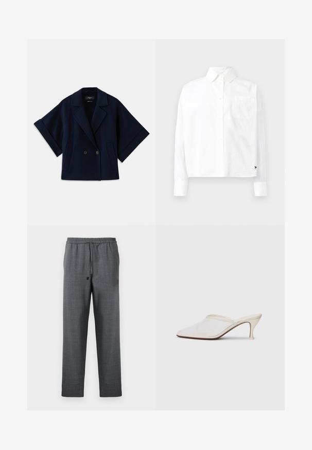 Tumehall villasegu jakk, millel on kaelus, kahekordne nööbiklappi sulgemine, lühikesed varrukad ja kaks esikoti.; Valge pika varrukaga nööbiga särk, millel on terav krae, üks rinnatasku ja mansetid. Valmistatud siledast, kergekaalulisest kangast.; Tumed hallide püksid struktuurse kangaga, millel on elastne vöökoht ja reguleeritav nöörik. Sirge jalgade disain ilma taskuteta.; Valge võrkmaterjalist teravatoa mulli king, millel on peen keskmise kõrgusega konts ja libisev disain, tühjal taustal.