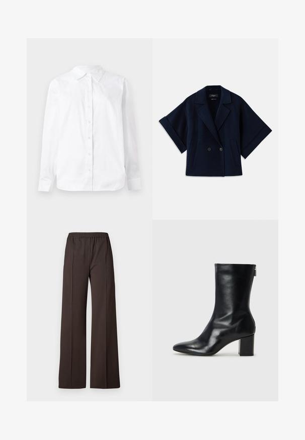 Mørkeblå uldblandingsjakke med sjalskrave, dobbeltradet knaplukning, korte ærmer og to forlommer.; Hvid langærmet skjorte med knapper lavet af bomuld, med spidse kraver og lige pasform med en glat tekstur.; Vide benbukser i mørkebrun stof med elastisk talje, som har en glat tekstur og rene linjer for et skræddersyet look.; Sorte læder ankelstøvler med spids tå og 4 cm blokhæl. Det slanke design har en sidelukning for nem påtagning. Glat tekstur.