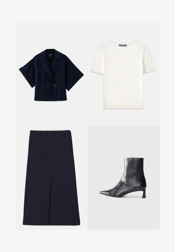 Tumši zilas vilnas jaukta šķiedras jakas ar šalu apkakli, dubultā pogu aizdare, īsām piedurknēm un divām priekšējām kabatām.; Balta īsām piedurknēm adīta blūze ar apaļu kakla izgriezumu, kurai ir gluda tekstūra un smalki riboti akcenti pie piedurknēm un apakšmalas.; DESIGNERS REMIX SCOTT LONG SKIRT - Maksi svārki - navy; Melnas ādas potītes zābaki ar norādītu pirkstu un elegantu dizainu. Iezīmē zemu papēdi un rāvējslēdzēja aizdari aizmugurē. Gluda tekstūra.