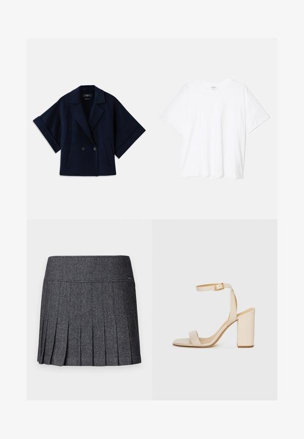 Jachetă din amestec de lână de culoare bleu marin, cu guler tip șal, închidere cu nasturi dubli, mâneci scurte și două buzunare frontale.; Tricou alb din bumbac, cu mâneci scurte, guler rotund, croi lejer și tiv cusut. Eticheta este vizibilă pe interiorul gulerului.; Fustă plisată din material gri închis cu model chevron. Prezintă o talie netedă și o margine dreaptă, oferind un aspect structurat.; Sandalie bej cu toc înalt, cu vârf pătrat, curea subțire în jurul gleznei și toc bloc. Textură de piele netedă cu detalii din cataramă aurie.