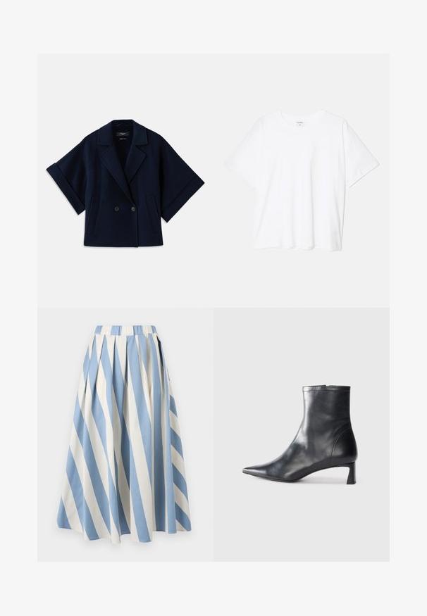Navy blue wool blend jacket with a shawl collar, double-breasted button closure, short sleeves, and two front pockets.; White cotton t-shirt with short sleeves, round neckline, relaxed fit, and stitched hem. Label visible on the inside neck.; Pleated skirt in alternating light blue and cream diagonal stripes. Features an elastic waistband and a soft cotton fabric texture.; Black leather ankle boot with a pointed toe and a sleek design. Features a low heel and a zipper closure at the back. Smooth texture.