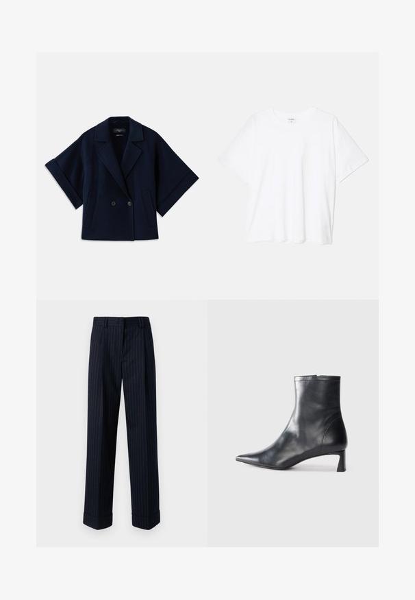 Jachetă din amestec de lână de culoare bleu marin, cu guler tip șal, închidere cu nasturi dubli, mâneci scurte și două buzunare frontale.; Tricou alb din bumbac, cu mâneci scurte, guler rotund, croi lejer și tiv cusut. Eticheta este vizibilă pe interiorul gulerului.; Pantalonii evazați de un albastru marin au un model cu dungi aurii, fiind fabricați dintr-un material neted, cu margini manșonate și buzunare frontale.; Cizmă de gleznă din piele neagră cu vârf ascuțit și un design elegant. Dispune de un toc mic și de o închidere cu fermoar la spate. Textură netedă.