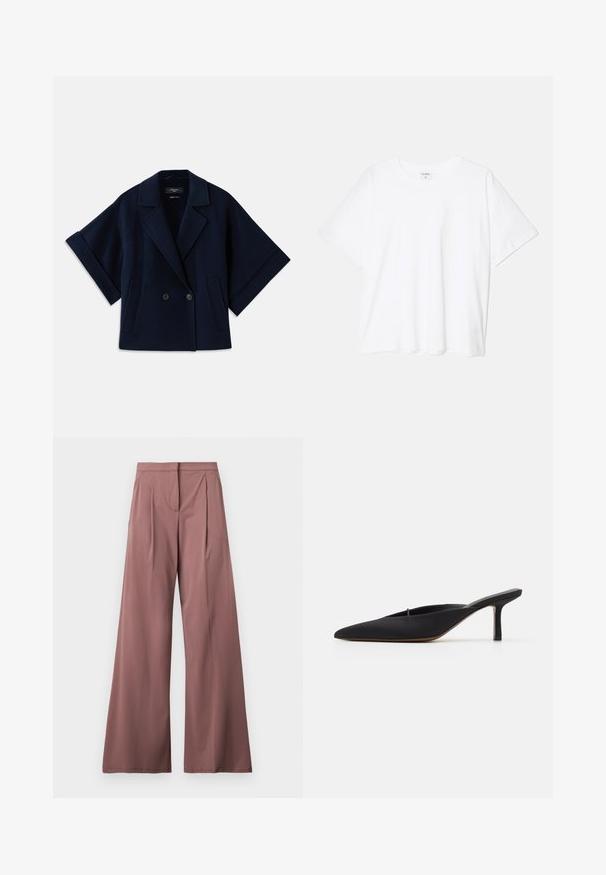 Veste en mélange de laine bleu marine avec un col châle, fermeture à double boutonnage, manches courtes et deux poches avant.; T-shirt en coton blanc avec des manches courtes, un col rond, une coupe décontractée et un ourlet cousu. Étiquette visible à l'intérieur du col.; Pantalons à jambe large dans une couleur rose douce, fabriqués à partir d'un tissu lisse avec des plis avant et une poche latérale. Design simple et élégant.; Mule noir à bout pointu avec un design élégant, fabriqué en tissu lisse, présentant un talon fin et un dos ouvert pour faciliter l'enfilage.