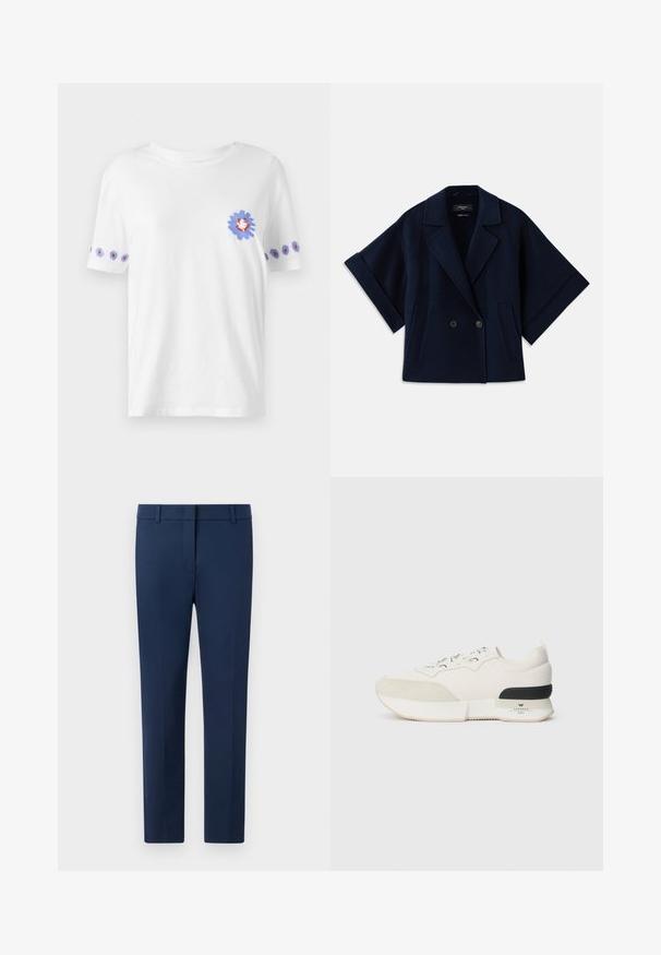 Námornícky modrý kabát z vlnenej zmesi so šálovým golierom, dvojradovým gombíkovým zapínaním, krátkymi rukávmi a dvoma prednými vreckami.; PS Paul Smith DAISY - Tričko s potlačou - white; Námornícke nohavice vyrobené z tkaného materiálu, s plochým predným dielom, pútkami na opasok a úzkym strihom. Bez viditeľných vzorov alebo akcentov.; Biele tenisky so štruktúrovanou semišovou špičkou, hladkým sieťovinovým zvrškom, dekoratívnymi šnúrkami a čiernym gumovým akcentom na päte.