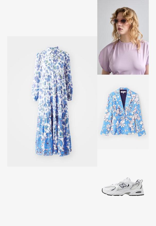 Mėlynas švarkas su gėlių raštu, turintis diržą liemenyje, išpjaustytus atlapus, ilgomis rankovėmis ir pamušalu, kuris turi pasiūtą tekstūrą.; Šviesiai mėlynos ir baltos spalvos gėlių rašto maksi suknelė. Yra mygtukų užsegimas priekyje, ilgos pūsto apykaklės rankovės ir kelnių siuvinėjimas su įvairiais raštais.; Balti sportiniai batai su tinkliniu viršumi, tamsiai mėlynais akcentais ir paminkštintu padu. Yra "N" logotipas, raišteliai ir tekstūruota detalė šone.; Rožiniais atspalviais akiniai nuo saulės su geometriniu rėmu, derinami su minkštu levandų spalvos marškinėliu, turinčiu apvalų kaklo iškirpimą ir trumpomis rankovėmis.