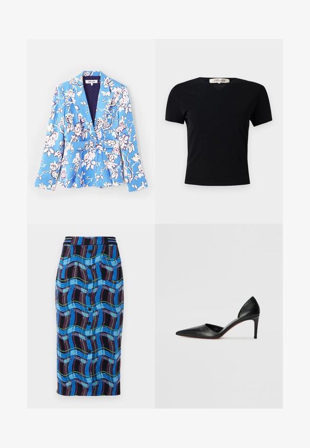 Mėlynas švarkas su gėlių raštu, turintis diržą liemenyje, išpjaustytus atlapus, ilgomis rankovėmis ir pamušalu, kuris turi pasiūtą tekstūrą.; Juodas trumpas rankovės marškinėliai su V formos iškirpte, pagaminti iš lygaus, tampraus audinio. Pasižymi paprasta, klasikinė siluetu be dekoracijų.; Mėlyna iki kelių sijonas su daugiaspalve bangų raštu, turintis juodą juosmenį, priekinį užtrauktuką ir dvi šonines kišenes.; Juodos odinės aukštakulnės bateliai su koto formos nosimi, atviromis šoninėmis dalimis ir elegantiška siluetu. Pabrėžiamas plonas kulnas ir raudonas padas.