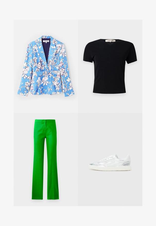 Blazer s cvetličnim vzorcem v modri barvi, z pasom na pasu, z žepki v obliki črke V, dolgimi rokavi in podloženim notranjim delom z quiltano teksturo.; Črna kratka majica s kratkimi rokavi in V-izrezom, izdelana iz gladkega, raztegljivega materiala. Ima preprost, klasičen kroj brez okrasnih elementov.; Svetlozeleni široki hlače iz gladkega materiala, ki imajo ravno spredaj in brez vidnih žepov. Čista, minimalistična zasnova.; Bele superge z metalnimi srebrnimi detajli, gladke teksture, okrogel nos, raven podplat in tradicionalna vezalna zasnova.