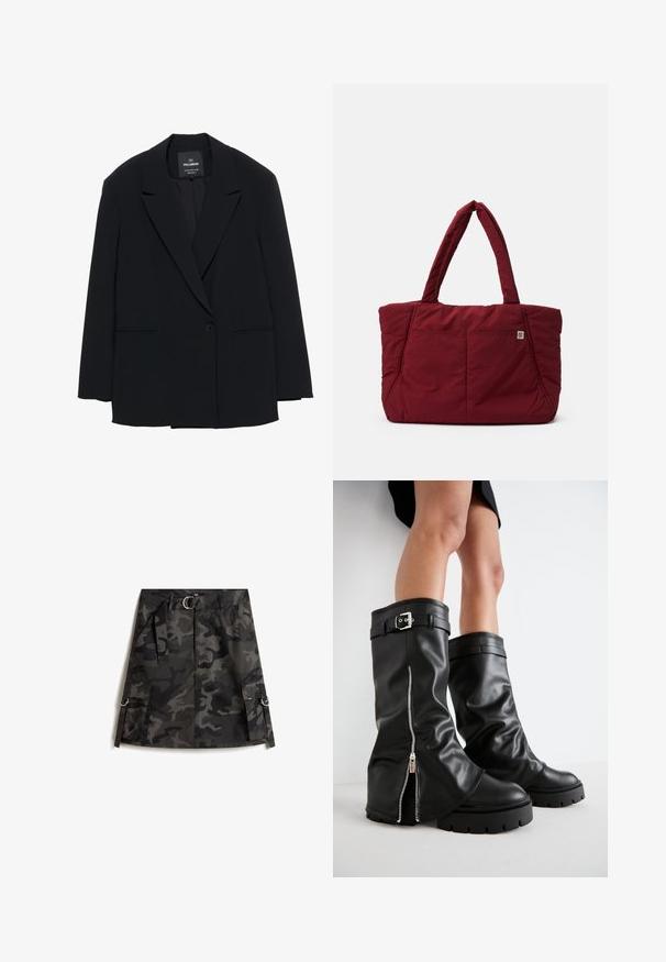 Musta yksirivinen bleiseri, jossa on viistot läpät ja kaksi etutaskua, merkittynä Pull&Bear, mukautettu istuvuus.; Vihreä ja valkoinen ruudullinen pitkähihaisessa paidassa on kaulus, nappi etupuolella ja hieman kaareva helma. Valmistettu kevyestä kankaasta, jossa on teksturoitu pinta.; Sateenhame tummanharmaana ja mustana, jossa on vetoketju edessä, vyö hopeisella soljella ja kaksi cargo-taskua renkailla.; Musta nahkainen polvipitkä saappaat, joissa on leveä varsi, sivuzip, solkiyksityiskohta, teksturoidu pinta ja paksu kumipohja.; Punokas punainen olkalaukku, jossa on kaksi tukevaa kantokahvaa, etutasku ja erottuva tekstuuri, suunniteltu kestävyys ja toiminnallisuus mielessä.