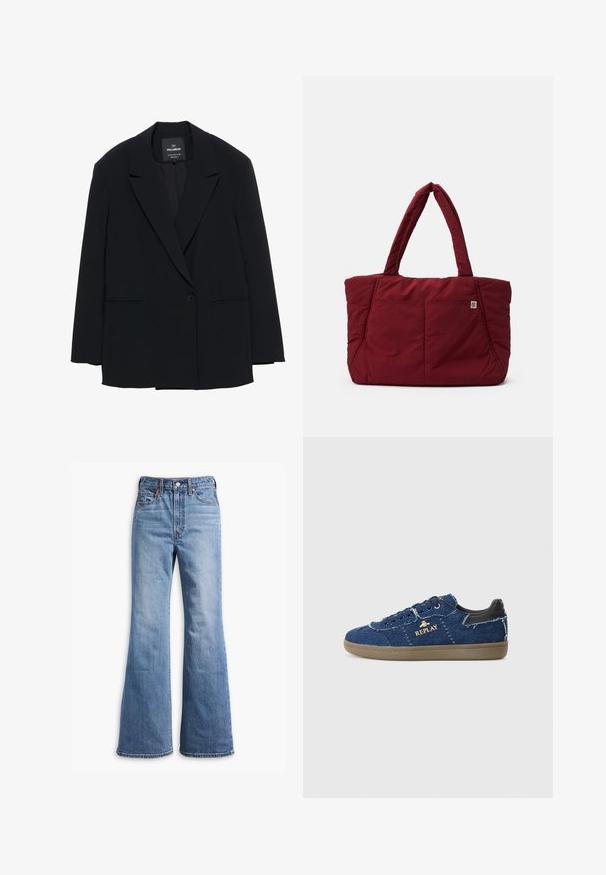 Blazer nero a un bottone con rever a punta e due tasche anteriori, etichettato Pull&Bear, vestibilita' slim.; Camicia a maniche lunghe a quadri verde e bianco con colletto, chiusura frontale con bottoni e orlo leggermente curvo. Realizzata in tessuto leggero con una finitura texturizzata.; Jeans in denim azzurro chiaro a vita alta con leggero svaso, chiusura frontale a bottone, passanti per cintura e design a cinque tasche.; Replay PYPER - Sneakers basse - blue; Borsa a spalla trapuntata rossa con due manici robusti, caratterizzata da una tasca frontale e una texture distintiva, progettata per durabilità e funzionalità.