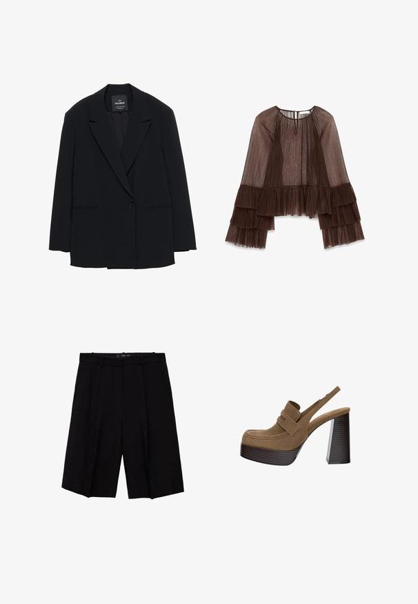 Zwarte blazer met één knoop, met notched lapels en twee voorste splitzakken, gemarkeerd Pull&Bear, tailormade fit.; Bruine plooiklijfers met lange, gerimpelde mouwen, voorzien van een ronde halslijn en een knoopsluiting aan de achterkant. Geweven, vloeiende stof.; Zwarte op maat gemaakte shorts met een brede pijp, met plooien aan de voorkant. Gemaakt van een gladde stof, ontworpen voor een gestructureerde pasvorm.; Bruine suède platform hakken met een dikke, geribbelde blokhak en een brede band over de bovenkant, met een ronde neus.