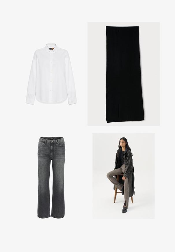 Blazer noir à bouton unique avec revers en pointe et deux poches fendues à l'avant, étiqueté Pull&Bear, coupe ajustée.; Chemise blanche à manches longues en coton doux, avec un col classique, une fermeture à boutons sur le devant et un logo subtil sur la poitrine gauche.; Jeans larges en denim gris foncé, présentant un design classique à cinq poches, des coutures décoratives et une fermeture à bouton à la taille.; Manteau trench en cuir noir avec des boutons et une ceinture, associé à un pantalon ajusté marron clair et des mocassins noirs, assis sur un tabouret en bois.; Chaussette longue noire à côtes fabriquée en matériau extensible, présentant une texture lisse et une couleur uniforme sans motifs ni embellissements.; Sac à épaule en tissu noir doux avec des détails froncés, une bandoulière ajustable et des cordons de serrage noués de chaque côté, présenté sur un fond blanc.