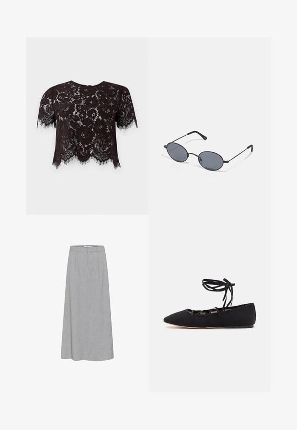 Blazer nero a un bottone con rever a punta e due tasche anteriori, etichettato Pull&Bear, vestibilita' slim.; Top corto in pizzo nero con maniche corte, caratterizzato da motivi floreali e bordi frangiati. Il design presenta un orlo ondulato per un tocco di dettaglio in più.; Gonna grigia di lunghezza ginocchio con una texture liscia e un sottile motivo mélange. Presenta una parte anteriore piatta con pieghe e una vita sagomata.; Loeffler Randall LOUISA LACE UP BALLET FLAT - Ballerine con cinturino - black; Occhiali da sole ovali neri con lenti scure e montatura in metallo sottile. Presentano aste slanciate con una leggera curva alle estremità.; Quattro anelli in argento con disegni diversi: banda attorcigliata, curve sovrapposte, cristalli delicati e una banda liscia con piccoli dettagli.