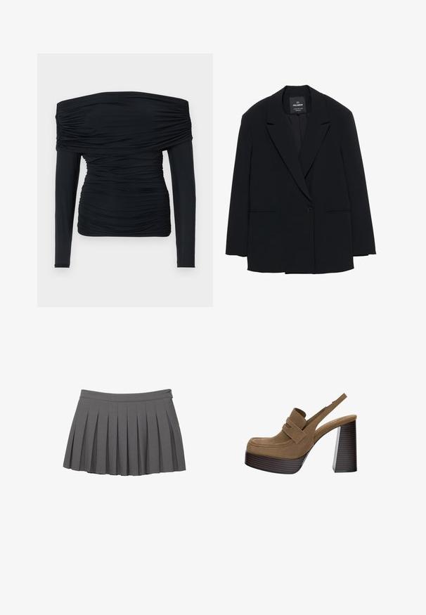 Čierny jednoposchodový blejzer s výstrihom a dvoma prednými vreckami, označený Pull&Bear, strih na mieru.; Čierny top s odhalenými ramenami, dlhými priliehavými rukávmi, drapovanou textúrou a telu priliehavým dizajnom. Vyrobený z mäkkej, elastickej tkaniny.; Čierny bezrukávový top vyrobený z hladkej látky, ktorý vpredu obsahuje detail skrúteného uzla a má uvoľnený strih. Okrouhly výstrih a široké ramienka.; Sivá skladaná mini sukňa s gombíkovým pásom a malou logom ozdobou na pravej strane.; Hnedé semišové platformové podpätky s hrubým, rebrovaným blokovým podpätkom a širokým pruhom cez hornú časť, so zaobleným dizajnom špičky.