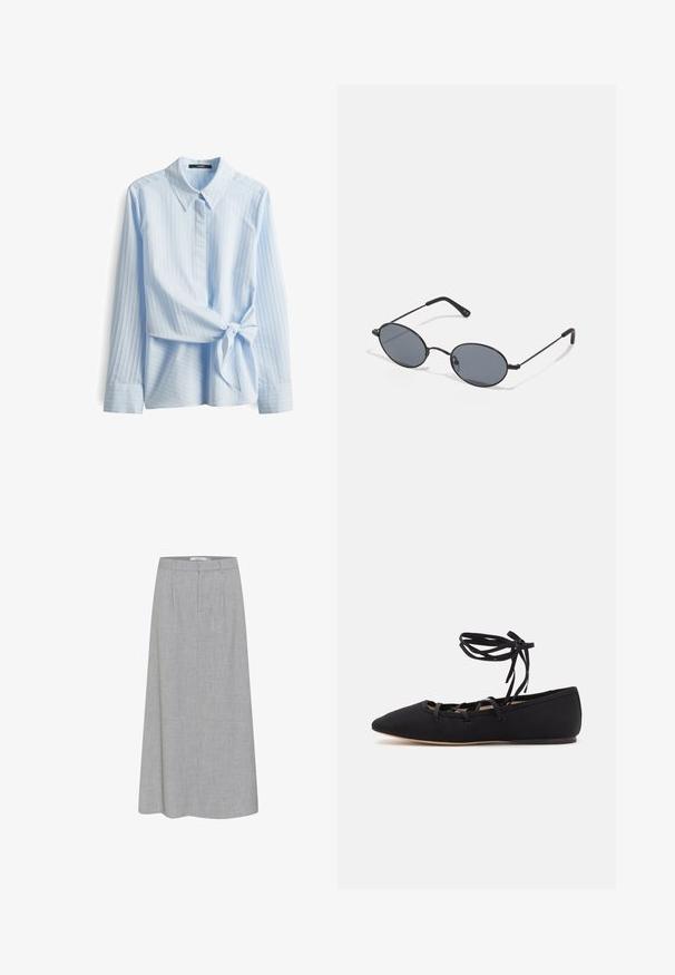 Schwarzer Ein-Knopf-Blazer mit Reverskragen und zwei vorderen Schlitztaschen, markiert mit Pull&Bear, taillierte Passform.; Hellblaues Langarmhemd mit spitzem Kragen, vertikalen Streifen und einem gebundenen Taillendetail. Glattes Material mit weicher Textur.; Grau, knielanger Rock mit glatter Textur und subtiler melierter Musterung. Verfügt über eine flache Vorderseite mit Falten und einen taillierten Bund.; Loeffler Randall LOUISA LACE UP BALLET FLAT - Riemchenballerina - black; Schwarze ovale Sonnenbrillen mit dunklen Gläsern und zarten Metallrahmen. Sie verfügen über schlanke Bügel mit einer dezenten Kurve an den Enden.; Vier Silberringe mit unterschiedlichen Designs: gedrehter Ring, geschichtete Kurven, zarte Kristalle und ein glatter Ring mit kleinen Akzenten.