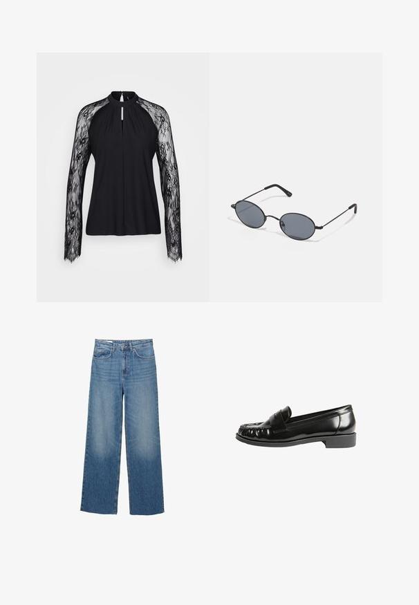 Černý blazer s jedním knoflíkem, klopami a dvěma předními šikmými kapsami, značka Pull&Bear, přiléhavý střih.; Černá blůza s dlouhým krajkovým rukávem, vysokým výstřihem a detaily v podobě klíčové díry na přední straně. Hladký tělový materiál kontrastuje s jemnou krajkovou strukturou.; Svetle modré široké džíny z denimu s vysokým pasem, dvěma předními kapsami a jemným vyblednutím na stehnech, se standardním zapínáním na knoflík a zip.; Černé kožené mokasíny s lesklým povrchem, zaoblenou špičkou, šitými detaily a nízkým blokovým podpatkem. Hladká textura a klasický design.; Černé oválné sluneční brýle s tmavými skly a tenkými kovovými rámy. Mají štíhlé nožičky s jemným zakřivením na koncích.; Čtyři stříbrné prsteny s různými vzory: zkroucený prsten, vrstvené křivky, jemné krystaly a hladký prsten s malými akcenty.