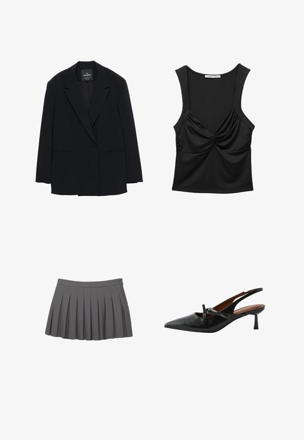Blazer nero a un bottone con rever a punta e due tasche anteriori, etichettato Pull&Bear, vestibilita' slim.; Top senza maniche nero realizzato in tessuto morbido, con dettaglio a nodo torsionante sul davanti e un fit rilassato. Collo arrotondato e spalline larghe.; Gonna mini plissettata grigia con cintura a bottoni e una piccola decorazione con il logo sul lato destro.; Tacchi slingback in pelle nera con punta affusolata, dettaglio di piccolo fiocco e tacco affusolato. Texture liscia e design minimalista.