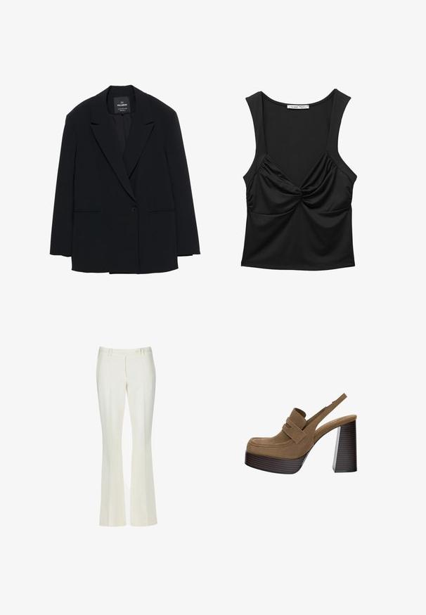Črn blazer z enim gumbom in zareznimi ovratniki, s dvema sprednjima žepoma, oznaka Pull&Bear, prileganje kroju.; Črn brezrokavnik iz gladkega materiala, ki ima na sprednji strani zvit vozel in ohlapno prileganje. Okrogla izrezana vrata in široke naramnice.; Bele široke hlače iz gladkega materiala. Imajo dva sprednja žepa in en sam sprednji gumb za zapiranje, z diskretnim črtastim detajlom.; Rjavi semiš platform čevlji s debelim, rebrastim blokastim peto in širokim pasom čez zgornji del, s poudarjeno zaobljeno konico.