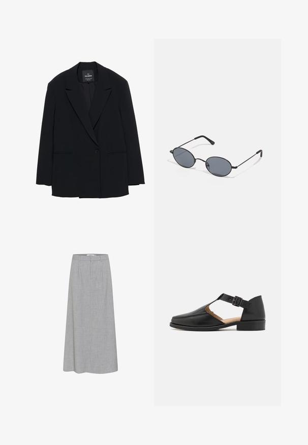 Czarna marynarka jednorzędowa z klapami i dwiema przednimi kieszeniami, oznaczona marką Pull&Bear, o dopasowanym kroju.; Biała bluzka z długim rękawem, wykonana z miękkiej, gładkiej tkaniny. Posiada okrągły dekolt i dopasowany krój z minimalnymi detalami w szwach.; Szara, spódnica do kolan o gładkiej fakturze i subtelnym melanżowym wzorze. Posiada płaski przód z zakładkami oraz dopasowany pas.; Zign - Półbuty wsuwane; Czarne owalne okulary przeciwsłoneczne z ciemnymi szkłami i cienkimi metalowymi oprawkami. Posiadają smukłe zauszniki z delikatnym łukiem na końcach.; Cztery srebrne pierścionki o różnych wzorach: skręcony band, warstwowe krzywizny, delikatne kryształy oraz gładki band z małymi detalami.