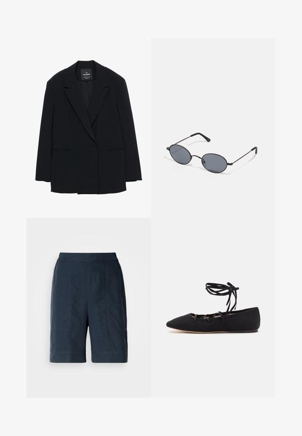 Blazer nero a un bottone con rever a punta e due tasche anteriori, etichettato Pull&Bear, vestibilita' slim.; Top bianco a maniche lunghe realizzato in tessuto morbido e liscio. Presenta un collo a giro e una vestibilità slim con dettagli di cucitura minimi.; Pantaloni corti blu navy realizzati in tessuto leggero, con un taglio dritto, due tasche frontali e dettagli di cucitura discreti.; Loeffler Randall LOUISA LACE UP BALLET FLAT - Ballerine con cinturino - black; Occhiali da sole ovali neri con lenti scure e montatura in metallo sottile. Presentano aste slanciate con una leggera curva alle estremità.; Quattro anelli in argento con disegni diversi: banda attorcigliata, curve sovrapposte, cristalli delicati e una banda liscia con piccoli dettagli.