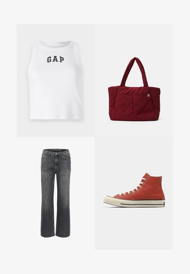 Sort single-knap blazer med klapkrave og to frontslidslommer, mærket Pull&Bear, tætsiddende pasform.; Hvid ærmeløs crop top lavet af ribbet stof med et sort "GAP" logo foran. Rund halsudskæring med rene sømme.; Grøn- og hvidternet langærmet skjorte med krave, knaplukning foran og en let buet nederste kant. Lavet af letvægtsstof med en tekstureret overflade.; Bredde ben jeans i mørkegrå denim med et klassisk femlomme-design, stikninger og en knaplukning i taljen.; Røde kanvas høj-top sneakers med hvide snørebånd, gummitåhætte og sort stribe langs sålen. Tekstureret stof og kontrasterende syningsdetaljer.; Rød quiltet tote bag med to solide håndtag, der har en frontlomme og en karakteristisk tekstur, designet til holdbarhed og funktionalitet.