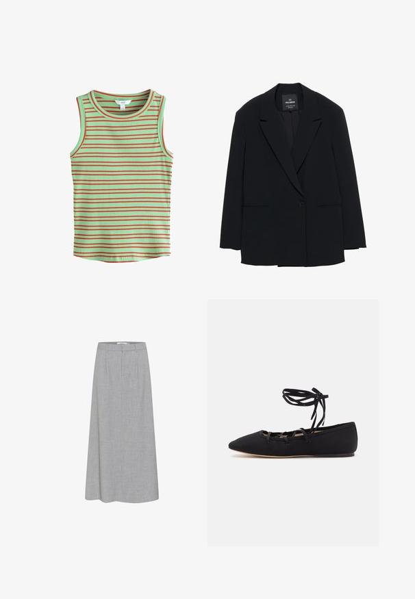 Schwarzer Ein-Knopf-Blazer mit Reverskragen und zwei vorderen Schlitztaschen, markiert mit Pull&Bear, taillierte Passform.; Ärmelloses, geripptes Top mit mintgrünem Grundton und horizontalen roten Streifen. Besitzt einen runden Ausschnitt und eine weiche Textur.; Grau, knielanger Rock mit glatter Textur und subtiler melierter Musterung. Verfügt über eine flache Vorderseite mit Falten und einen taillierten Bund.; Loeffler Randall LOUISA LACE UP BALLET FLAT - Riemchenballerina - black