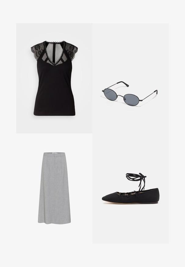 Sort single-knap blazer med klapkrave og to frontslidslommer, mærket Pull&Bear, tætsiddende pasform.; Sort ærmeløs top med blonder detaljer på skuldrene og et gennemsigtigt mesh-panel med prikker ved udskæringen og ryggen.; Grå knælang nederdel med en glat tekstur og subtil melange mønster. Har en flad front med plisseringer og en skræddersyet talje.; Loeffler Randall LOUISA LACE UP BALLET FLAT - Ballerinasko m/ rem - black; Sorte ovale solbriller med mørke linser og tynde metalrammer. Har slanke arme med en subtil kurve i enderne.; Fire sølv ringe med forskellige designs: snoet band, lagdelte kurver, delikate krystaller og et glat band med små detaljer.