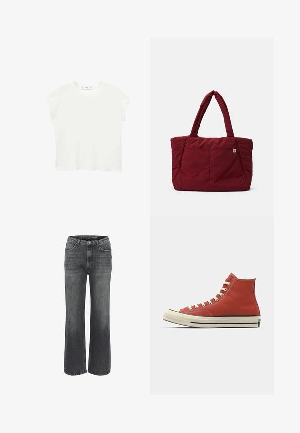 Blazer nero a un bottone con rever a punta e due tasche anteriori, etichettato Pull&Bear, vestibilita' slim.; T-shirt bianco a maniche corte con scollatura rotonda, texture morbida e vestibilità rilassata. L'orlo leggermente curvo aggiunge un tocco informale.; Camicia a maniche lunghe a quadri verde e bianco con colletto, chiusura frontale con bottoni e orlo leggermente curvo. Realizzata in tessuto leggero con una finitura texturizzata.; Jeans a gamba larga in denim grigio scuro, dotati di un classico design a cinque tasche, dettagli cuciti e chiusura con bottone in vita.; Sneakers alti in tela rossa con lacci bianchi, punta in gomma e striscia nera lungo la suola. Tessuto strutturato e dettagli di cucitura a contrasto.; Borsa a spalla trapuntata rossa con due manici robusti, caratterizzata da una tasca frontale e una texture distintiva, progettata per durabilità e funzionalità.