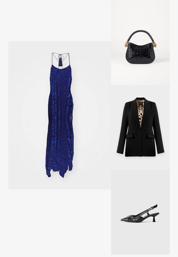 Sort blazer med skræddersyet design, enkelt knaplukning, to forlommer og leopardmønsterfor. Glat stof og struktureret form.; Lang, mørkeblå kjole med et tekstureret zebra-stribe mønster, der har tynde spaghettistropper og en dekorativ frynse ved halsudskæringen.; Sort lædersandal med spids tå, dekorative stropper med metaløjer og en lav blokhæl. Struktureret overflade.; Sort håndtaske med krokodillepræg, ovalt design, glat tekstur og guld løvehoveddetaljer på håndtaget. Elegant og kompakt design.; Sort håndtaske med krokodillepræg, ovalt design, glat tekstur og guld løvehoveddetaljer på håndtaget. Elegant og kompakt design.