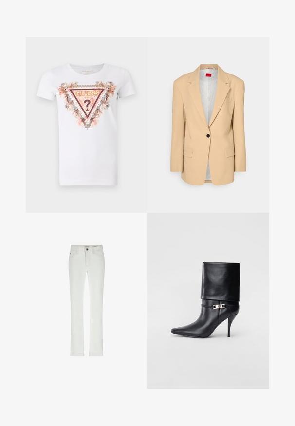 HUGO AGURA - Krátky kabát - open beige; Biele bavlnené tričko s trojuholníkovým grafickým dizajnom a kvetinovými akcentmi, zdobené kamienkami. Logo "Guess U.S.A." je výrazne zobrazené.; Biele džínsy so slim fit strihom, 5 vreckami a kontrastným prešívaním. Obsahujú zapínanie na gombík a nenápadnú značkovú etiketu na páse.; Čierna kožená členková topánka s špicatou špičkou, vysokým ihlovým podpätkom, prehnutým manžetom a zlatým dekoratívnym sponou na členku.