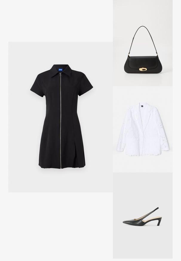 Biały marynarki z koronkowym wzorem w kwiaty, z pojedynczym zapięciem na guzik, klapami, dwiema przednimi kieszeniami oraz falbaniastym wykończeniem.; Czarna sukienka z krótkim rękawem, zamkiem błyskawicznym z przodu, kołnierzykiem i bocznym rozcięciem. Wykonana z gładkiego materiału, z subtelnym logo na piersi.; Czarny but na obcasie typu slingback z ostro zakończonym noskiem, z niskim obcasem, wykonany z gładkiej skóry, z wycięciem po boku dla lepszej wentylacji.; Czarna skórzana torebka o zaokrąglonym kształcie, z metalowymi elementami w kolorze złotym i górnym uchwytem. Posiada eleganckie zapięcie i gładką fakturę.