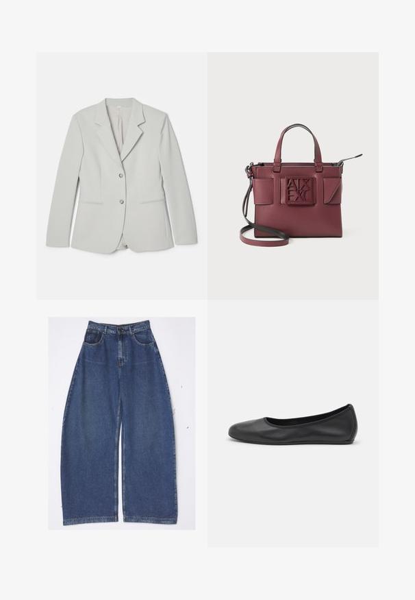 Lys grå blazer lavet af glat stof, med en spids revers, lukning med to knapper foran og to forlommer med diskret detaljer.; Hvid ærmeløs top lavet af blødt, ribbet stof; har tynde stropper og en rund halsudskæring, mærket læser "FRAME."; A.W.A.K.E. MODE RECYCLED ROUNDED - Jeans Relaxed Fit - blue; Sort læderballetsko med rund tå, glat tekstur, minimal syning og et fleksibelt såldesign.; Burgundy lædertaske med dobbelt håndtag, justerbar skulderrem og præget logo på forsiden. Har to sidelommer og et strømlinet design.