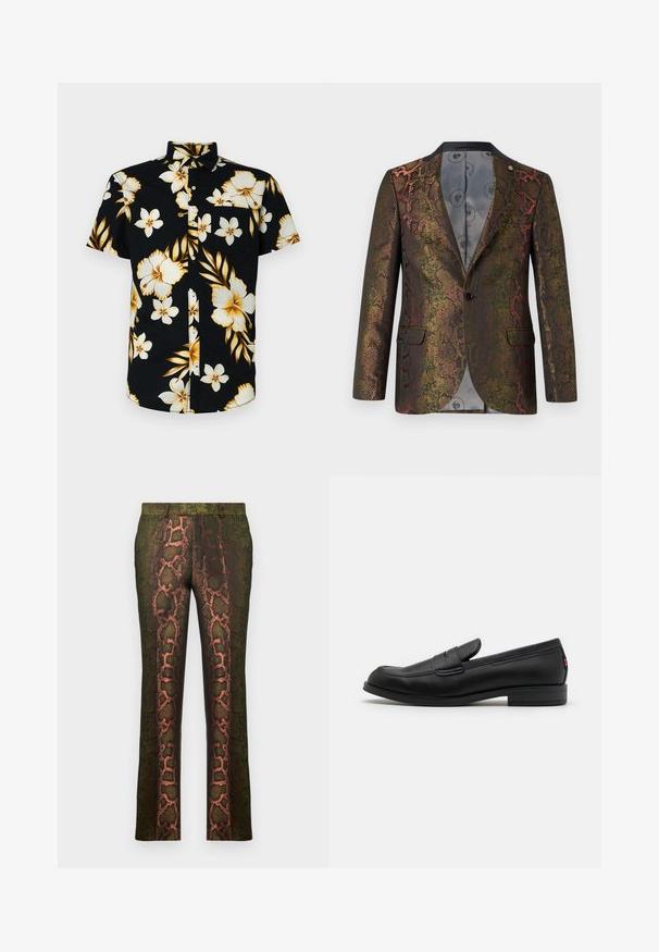 Teksturoidu bleiseri, jossa on monivärinen käärmeennahkakuosi. Suunniteltu yksinkertaisella nappikiinnityksellä ja kahdella etutaskulla. Tumma kaulus.; Lyhythihainen, musta nappipaita, jossa on suuret valkoiset ja kultaiset kukkakuviot, klassinen kaulus ja vasemmassa rinnassa tasku.; Vihreät kuvioidut housut, joissa on käärmeennahkakuosiset ruskean ja oranssin sävyt, suorat lahkeet ja sileä pinta.; Mustat nahkaloafersit, joissa on sileä pinta, pyöreä kärki ja pieni koristeellinen läppä. Varustettu matalalla pinotulla korolla ja huomaamattomalla brändityksellä.