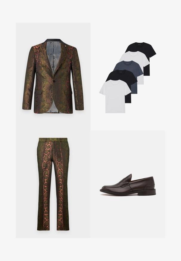 Kareda jope, millel on mitmevärviline maomuster. Üksiknupuga kinnitatav ja kahte eesmist taskut sisaldav disain. Tume krae.; Viie t-särgi komplekt mustas, valges ja tumesinisest. Puuvillane kangas, lühikesed varrukad, ümar kaelaauk ja ühtlane tekstuur ilma mustriteta.; Roheline mustriga püksid, millel on madu trükk pruunide ja oranžide varjunditega, sirge lõikega ja siledast tekstuurist.; Tricker's JAMES SOLE FIT - Paelteta kingad - chesnut burnished