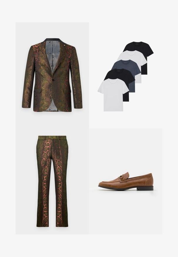 Textured blazer featuring a multicolor snake print pattern. Designed with a single button closure and two front pockets. Dark collar.; Set of five t-shirts in black, white, and navy blue. Cotton fabric, short sleeves, crew neck design, and plain texture with no patterns.; Green patterned trousers featuring a snake print design with shades of brown and orange, straight cut, and a smooth texture.; Brown leather loafers with a flat heel, featuring a decorative metal accent on the front, sleek design, and smooth texture.