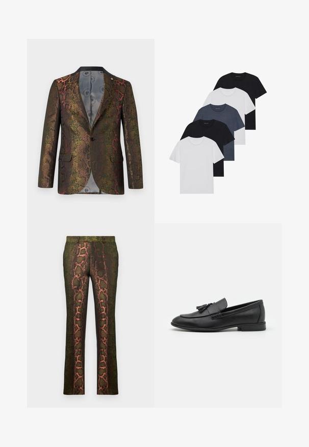 Textured blazer featuring a multicolor snake print pattern. Designed with a single button closure and two front pockets. Dark collar.; Set of five t-shirts in black, white, and navy blue. Cotton fabric, short sleeves, crew neck design, and plain texture with no patterns.; Green patterned trousers featuring a snake print design with shades of brown and orange, straight cut, and a smooth texture.; Black leather loafers with a smooth finish, featuring a tassel accent on the front, rounded toe, and low heel. Simple and sleek design.