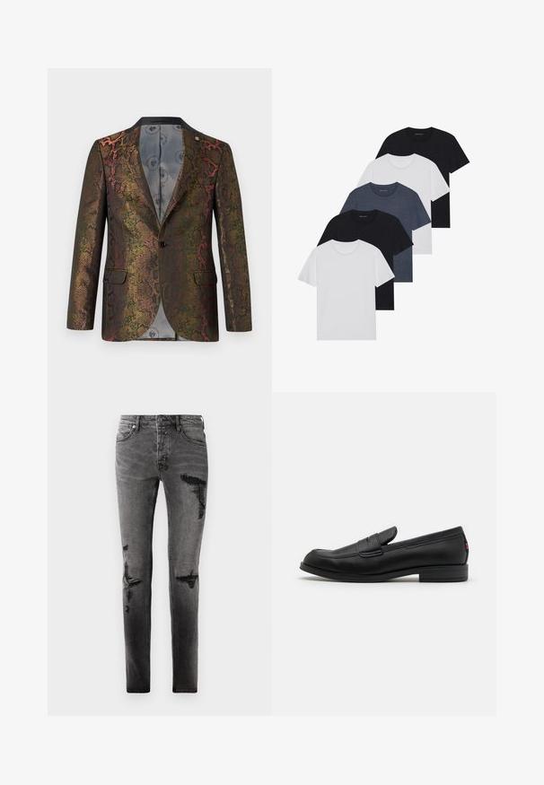 Blazer texturizado con un patrón de estampado de serpiente multicolor. Diseñado con un cierre de un solo botón y dos bolsillos frontales. Cuello oscuro.; Conjunto de cinco camisetas en negro, blanco y azul marino. Tejido de algodón, de manga corta, diseño de cuello redondo y textura lisa sin patrones.; Jeans de mezclilla negra con detalles desgastados, que presentan un corte ajustado, cinco bolsillos y un clásico cierre de cremallera. Aspecto usado con zonas descoloridas.; Mocasines de cuero negro con un acabado suave, punta redondeada y una pequeña solapa decorativa. Presentan un tacón bajo y apilado, así como un detalle sutil de marca.