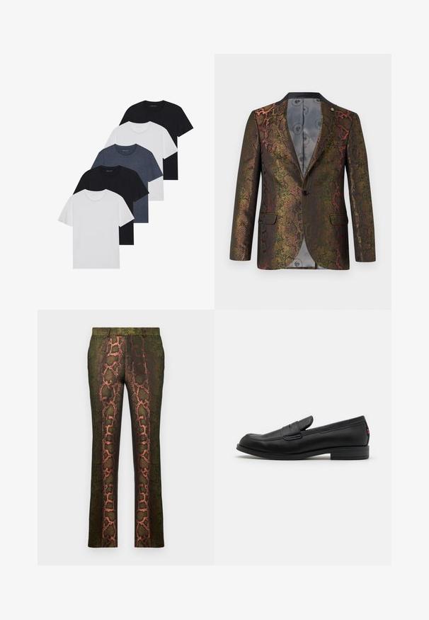 Blazer texturizado com um padrão de estampa de cobra multicolorido. Projetado com um fecho de botão único e dois bolsos frontais. Gola escura.; Conjunto de cinco t-shirts em preto, branco e azul marinho. Tecido de algodão, mangas curtas, design de gola redonda e textura lisa sem padrões.; Calças verdes com padrão serpente, em tons de castanho e laranja, corte reto e textura suave.; Mocassim de couro preto com um acabamento suave, bico arredondado e uma pequena aba decorativa. Apresenta um salto baixo em camadas e um detalhe de branding discreto.