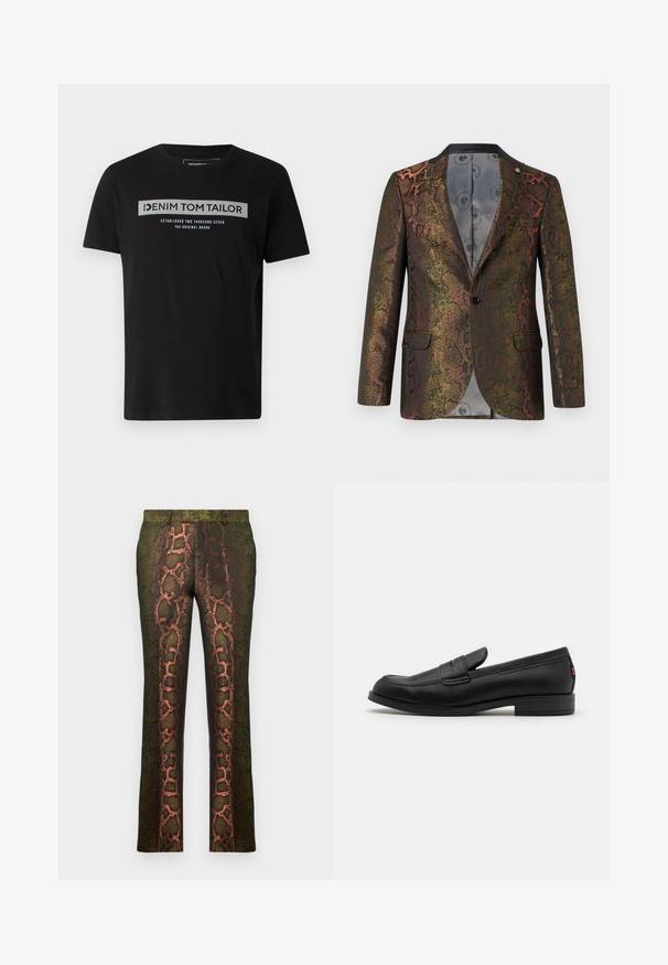 Texturovaný blejzr s multicolor hadím vzorem. Navržen s jedním knoflíkem a dvěma předními kapsami. Tmavý límec.; Černé bavlněné tričko s krátkým rukávem, s předním potiskem v šedém a modrém textu, který obsahuje název značky "DENIM TOM TAILOR."; Zelené kalhoty s potiskem hada v odstínech hnědé a oranžové, rovného střihu a hladké textury.; Černé kožené mokasíny s hladkým povrchem, kulatou špičkou a malým dekorativním klopou. Mají nízký stočený podpatek a decentní branding.
