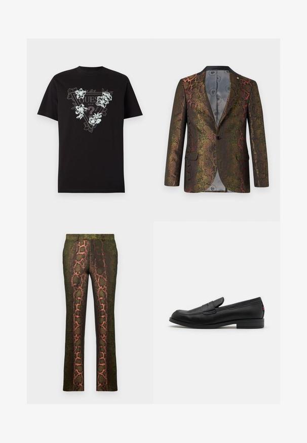 Textúrovaný blejzer s viacfarebným hadím vzorom. Navrhnutý so zapínaním na jeden gombík a dvomi prednými vreckami. Tmavý golier.; Čierne bavlnené tričko s krátkymi rukávmi a klasickým strihom, na ktorom sa nachádza trojuholníkový dizajn loga so kvetinovým vzorom v svetlomodrej a bielej farbe.; Zelené vzorované nohavice s designom hadieho potlače v odtieňoch hnedého a oranžového, rovného strihu a hladkej textúre.; Čierne kožené loafers s hladkým povrchom, zaoblenou špičkou a malým dekoratívnym klapom. Vlastnosti zahŕňajú nízky vrstvený podpätok a decentný branding.