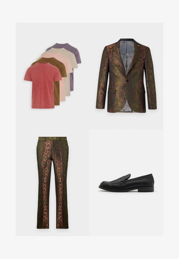 Kareda jope, millel on mitmevärviline maomuster. Üksiknupuga kinnitatav ja kahte eesmist taskut sisaldav disain. Tume krae.; Viie lühikese varrukaga puuvillast T-särki erinevates summutatud toonides: punane, pruun, roosa, beež ja lilla. Igal särgil on ümar kaelus.; Roheline mustriga püksid, millel on madu trükk pruunide ja oranžide varjunditega, sirge lõikega ja siledast tekstuurist.; Mustad mustad nahast loaferid siledast viimistlusest, ümmargune nina ja väike dekoratiivne klapp. Omab madalat kokkupandud kontsa ja diskreetset brändingut.