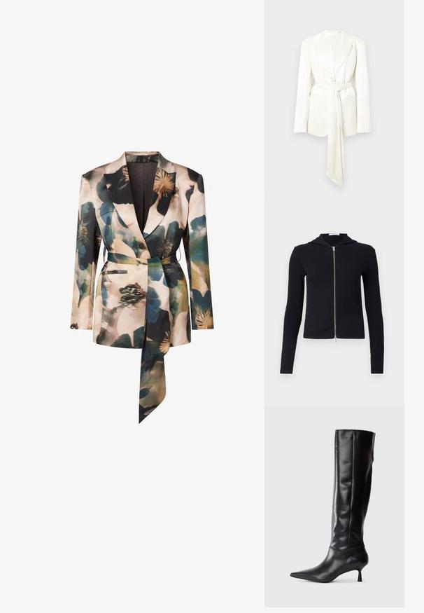 White tailored blazer with a single button closure, long sleeves, and a matching belt detail. Smooth, matte fabric; no visible patterns.; Black ribbed zip-up hoodie made of stretch fabric, featuring long sleeves, a fitted design, and a small hood. Zipper runs from neck to hem.; Floral-patterned blazer in soft fabric, featuring a cinched waist with a belt, notched lapels, and two front pockets in muted colors.; Black leather knee-high boot with a pointed toe and slim curved heel. Smooth texture, fitted design, and no visible hardware or patterns.