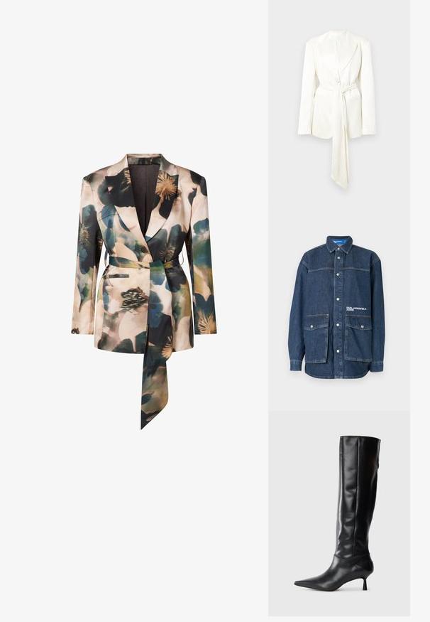 Weißer, maßgeschneiderter Blazer mit einreihiger Knopfleiste, langen Ärmeln und einem passenden Gürtel. Glatter, matter Stoff ohne sichtbare Muster.; Dunkelblaue Jeansjacke mit Druckknöpfen, zwei großen aufgesetzten Fronttaschen und "Karl Lagerfeld Jeans" bestickt auf der Brusttasche.; Blazer mit Blumenmuster aus weichem Stoff, der eine taillierte Passform mit Gürtel, Revers mit Spitzenausschnitt und zwei Vorderentaschen in gedeckten Farben aufweist.; Schwarze Lederstiefel bis zum Knie mit spitzem Zehenbereich und schmalem, geschwungenem Absatz. Glatte Textur, enganliegendes Design und keine sichtbaren Beschläge oder Muster.