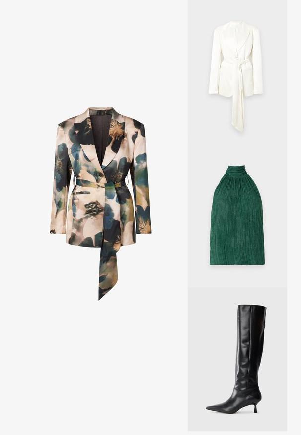 White tailored blazer with a single button closure, long sleeves, and a matching belt detail. Smooth, matte fabric; no visible patterns.; Green pleated top with a high neck. Made of textured fabric, featuring a gathered design and vertical ridges for added dimension.; Floral-patterned blazer in soft fabric, featuring a cinched waist with a belt, notched lapels, and two front pockets in muted colors.; Black leather knee-high boot with a pointed toe and slim curved heel. Smooth texture, fitted design, and no visible hardware or patterns.